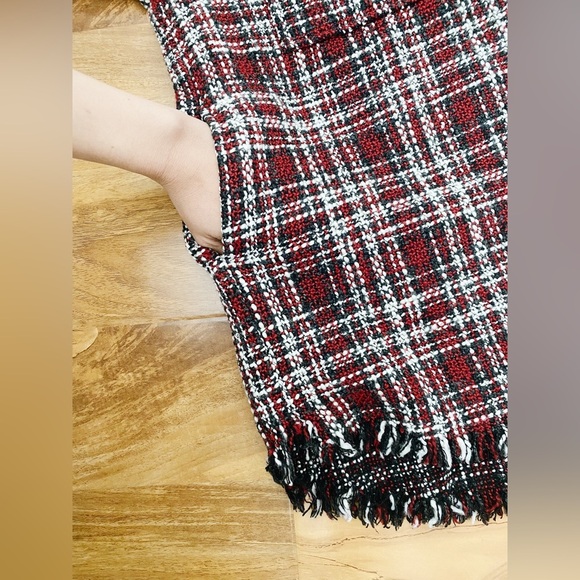 Forever21 Plaid Check Shacket Oversize Shirt Tweed Red Jacket Boucle Fray Fringe - Picture 7 of 10